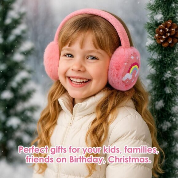 ⚡Kids Pink Knitted Rainbow Winter Outdoor Plush Adjustable Warm Ear Muffs - Picture 7 of 7